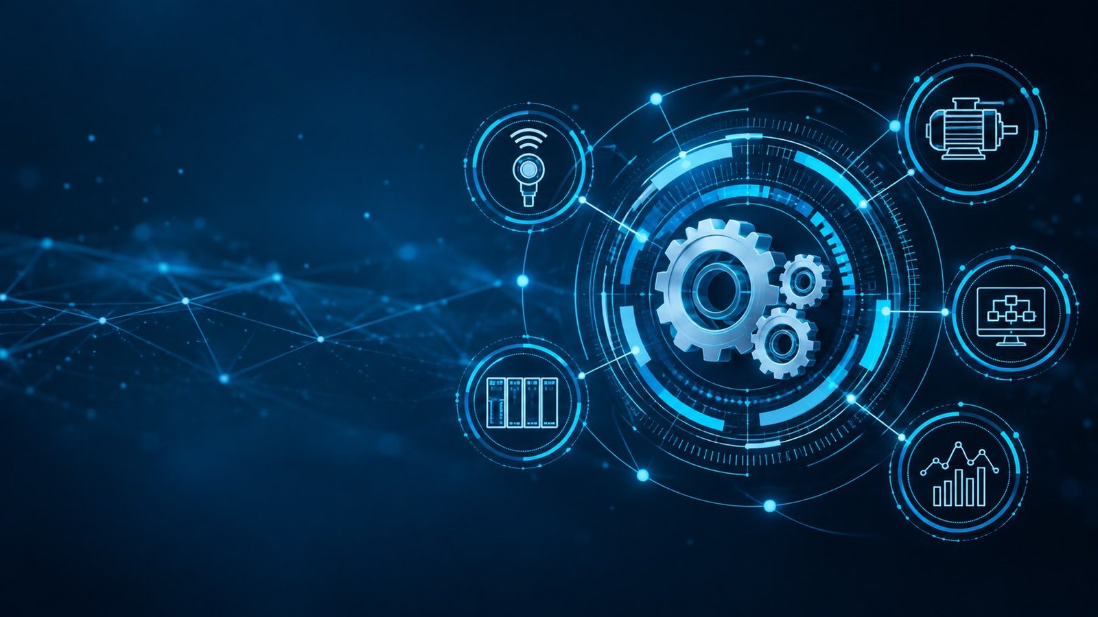 Ilustración conceptual de automatización industrial que conecta control, maquinaria y datos
