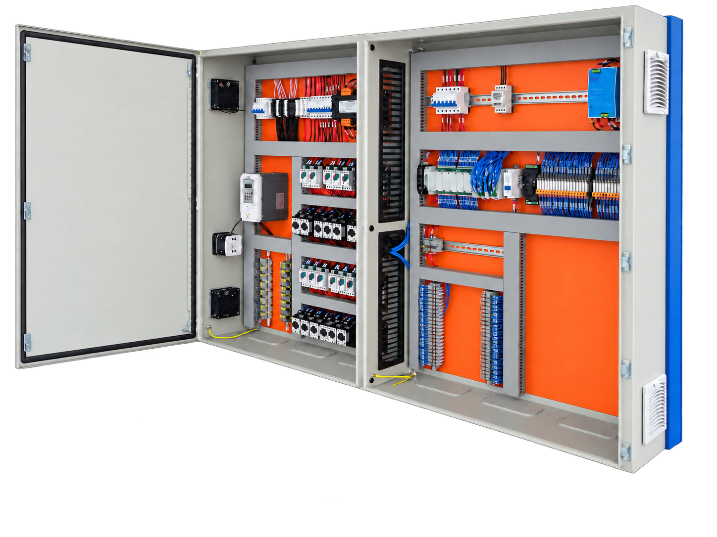 Gabinete eléctrico de control con protecciones, PLC y cableado organizado
